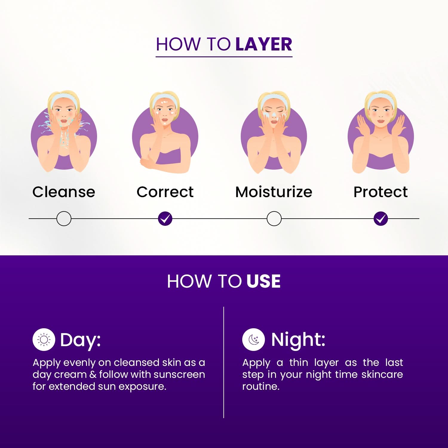 Clairis Correct Bright Max 21 – Advanced Pigmentation & Melasma Cream
How to layer
Cleanse
Correct
Moisturize
Protect