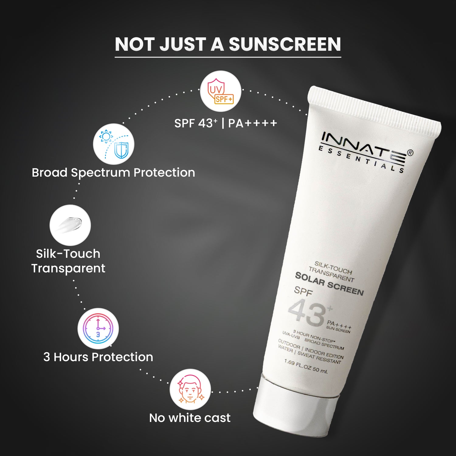 india's first transparent sunscreen with spf43, pa++++
Innate Solar Screen SPF 43
Not just a Sunscreen
SPF 43+ | PA++++
Broad Spectrum Protection
Silk-Touch Transparent
3 Hours Protection
No white cast
