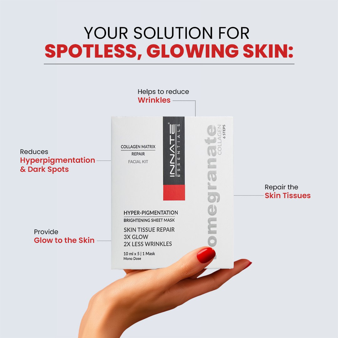 Innate Pomegranate Collagen Facial Kit With Sheet Mask for melasma, pigmentation and dark spots