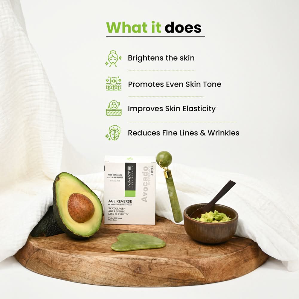 Innate Avocado Rice Ceramide Facial Kit With Sheet Mask
What it Does -
Brightens the skin
Promotes Even Skin Tone
Improves Skin Elasticity
Reduces Fine Lines & Wrinkles