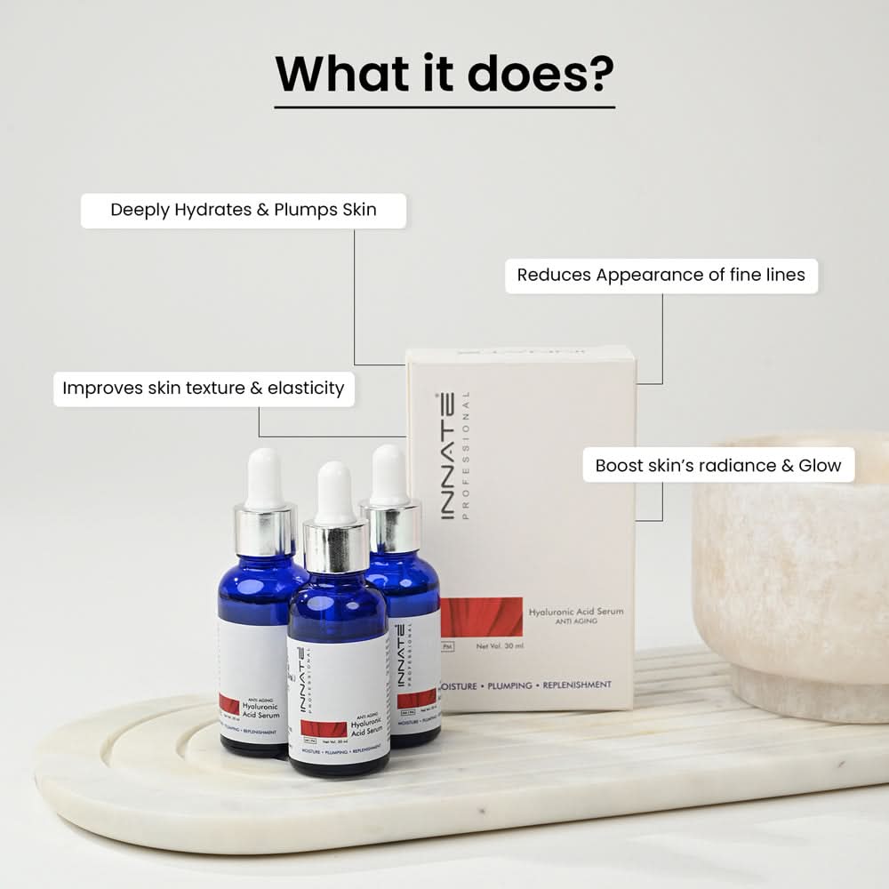 Innate Hyaluronic Acid Anti Aging Face Serum
What it does - 
Deeply Hydrates & Plumps Skin
Reduce Fine Lines
Boost Skin’s Glow & Radiance
Improves skin texture & Elasticity