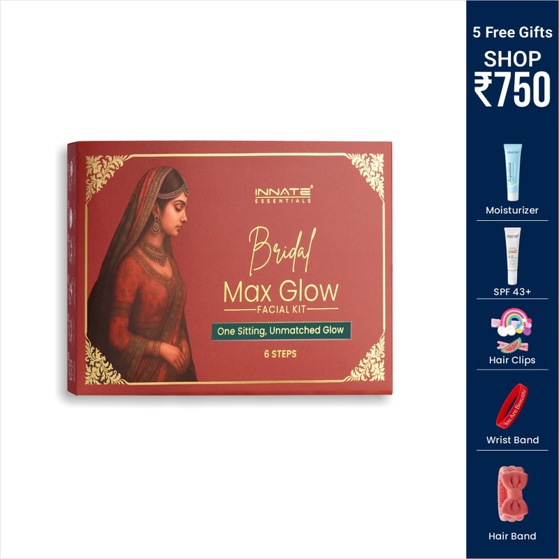Innate Essentials Bridal Max Glow facial kit packaging with product details on a white background