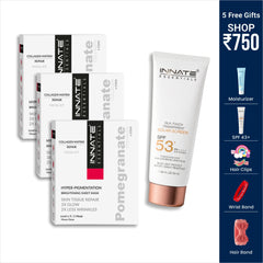 Innate Essentials skincare products with promotional text on a white background