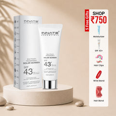Innate Essentials sunscreen with packaging and promotional offer on a beige background