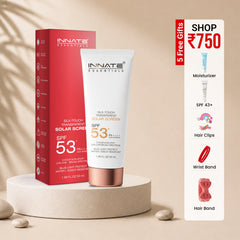 Innate Essentials sunscreen with packaging and promotional offer on a beige background