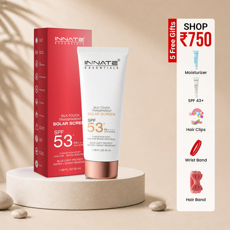 Innate Essentials sunscreen with packaging and promotional offer on a beige background