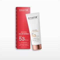 Innate Essentials Silk-Touch Transparent Solar Screen SPF 53 PA++++ sunscreen shown as a white squeeze tube with a metallic rose-gold cap next to its red packaging box on a light gray background.