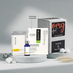 Innate skincare products including serum, facial kit, and face serum on a gray background. Ageless Glow Facial + Serum Combo