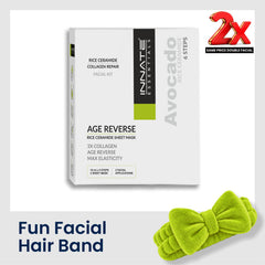 A boxed facial mask kit labeled Innate Essentials Age Reverse Rice Ceramide Sheet Mask, shown on a white background with a bright green bow-shaped hair band and a red '2x Same Price Double Facial' badge. Text at the bottom reads 'Fun Facial Hair Band.