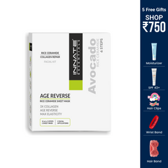 Innate Essentials Avocado Age Reverse Rice Ceramide Facial Kit box on a white background, with a dark blue sidebar on the right advertising 5 free gifts including moisturizer, SPF 43+, hair clips, wrist band, and hair band.