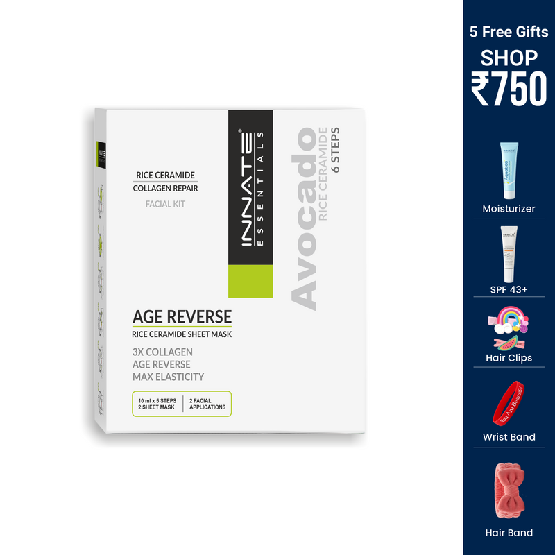 Innate Essentials Avocado Age Reverse Rice Ceramide Facial Kit box on a white background, with a dark blue sidebar on the right advertising 5 free gifts including moisturizer, SPF 43+, hair clips, wrist band, and hair band.