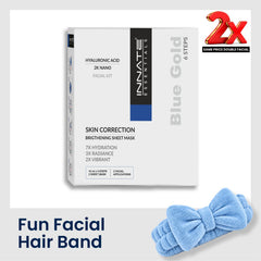 Innate Essentials Blue Gold Facial Kit box shown on a white background, alongside a light blue bow-shaped facial hair band and a red '2x Same Price Double Facial' promotional badge.