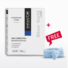 Innate Essentials Blue Gold Facial Kit box shown on a light gray background, alongside a light blue bow-shaped sheet mask and a red 'FREE' promotional badge.