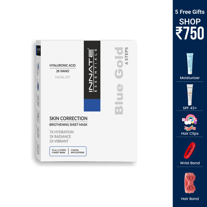 Innate Essentials Blue Gold Skin Correction 2K Nano Facial Kit box on a white background, with a vertical promotional sidebar on the right offering 5 free gifts including moisturizer, SPF 43+, hair clips, wrist band, and hair band.