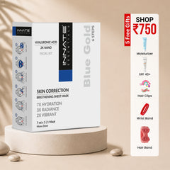 Innate Blue Gold skincare product packaging with promotional offer on a beige background