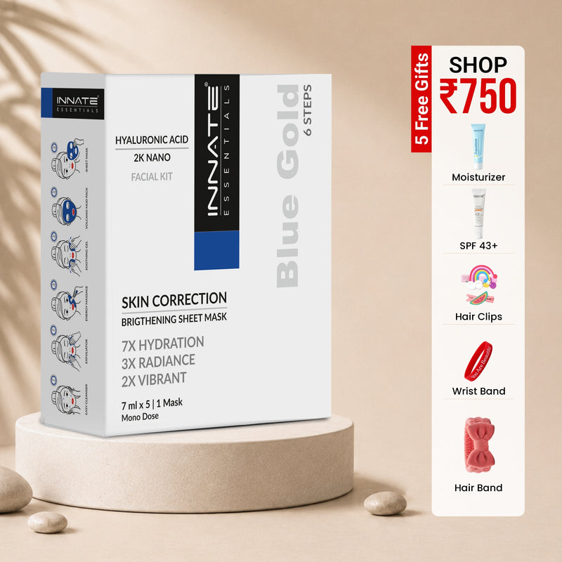 Innate Blue Gold skincare product packaging with promotional offer on a beige background
