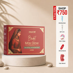 Innate Bridal Max Glow facial kit packaging with promotional details on a beige background