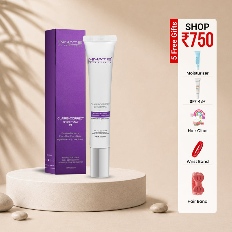 Innate Claris-Correct Derm Rx skincare product with packaging and promotional offer on a beige background