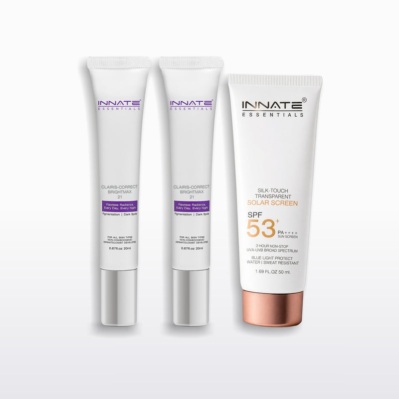 Three Innate Essentials skincare tubes on a light gray background: Clarifying Bright Cream, Clarifying Bright Cream 2, and Silk Touch Transparent SPF 53+ Sun Screen.