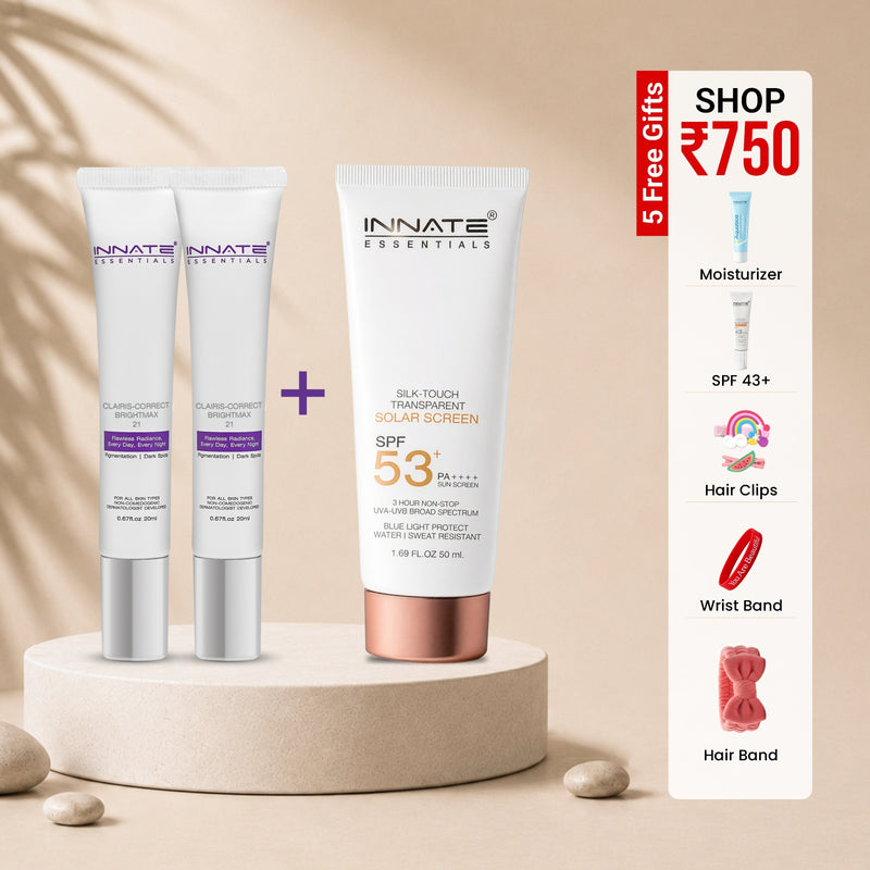 Innate Essentials skincare products on a beige background with promotional offer on the right.