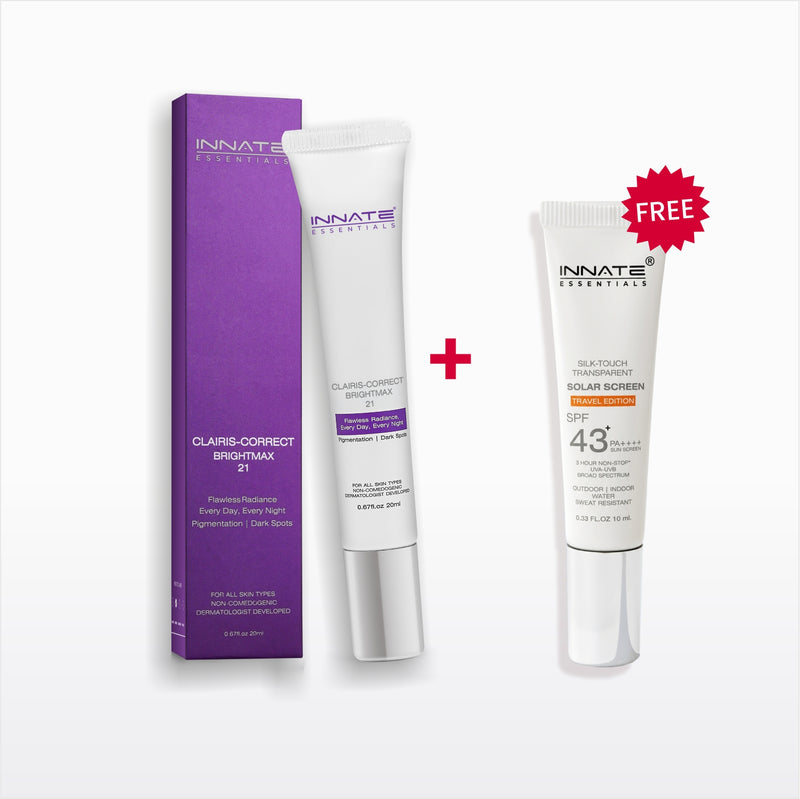 Innate Essentials Clair's Correct Brighten 21 treatment kit showing the purple box, white tube, and a free white tube of Innate Essentials Solar Screen SPF 43, with a red plus sign and starburst 'FREE' on a light gray background.