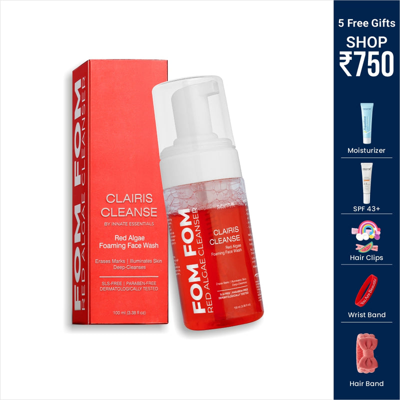 FOM Red Algae Foaming Face Wash with packaging and free gifts on a white background