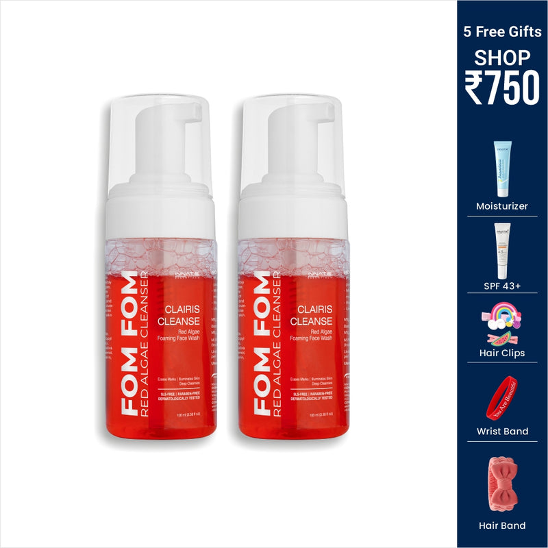 Two red bottles of FOM Red Algae Cleanser with promotional text on the right.