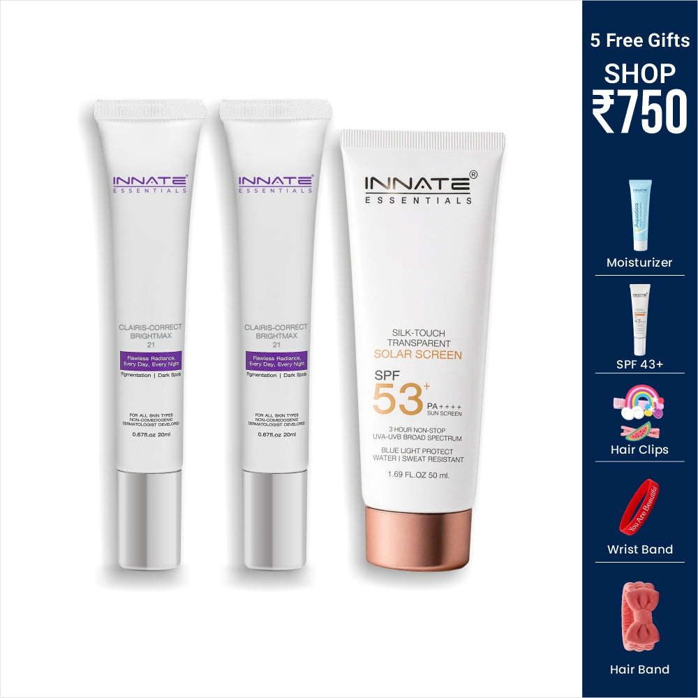Innate Essentials skincare products with promotional text on a white background