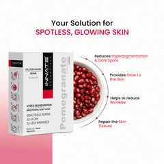 Innate Essentials Pomegranate skin care product with benefits listed on a white background