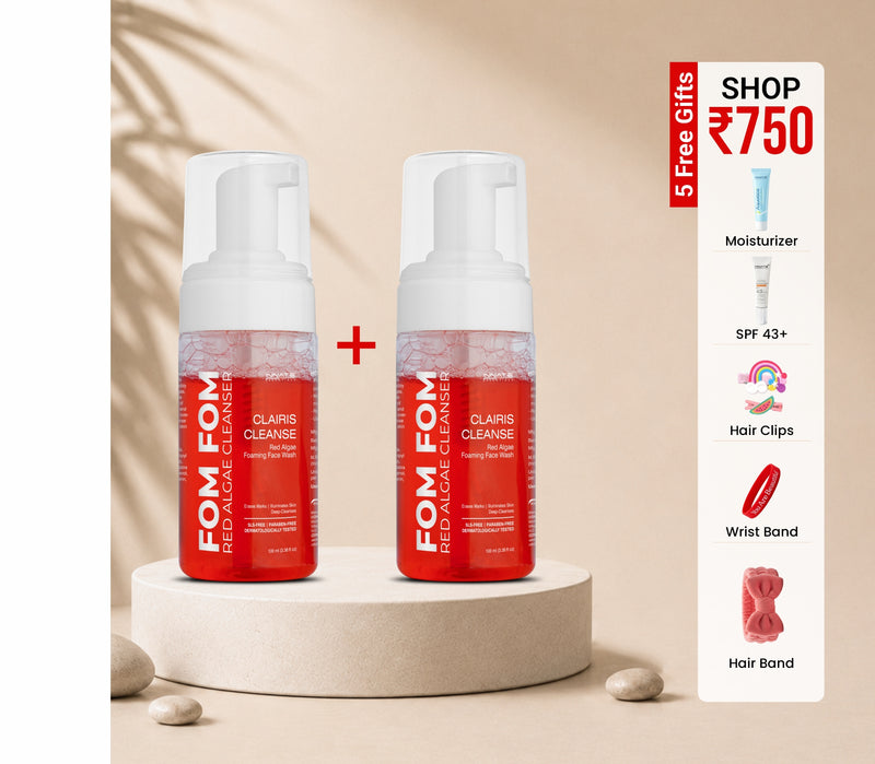 Two bottles of FOM FOM Rev Alg Acne Cleanser on a beige background with promotional text.