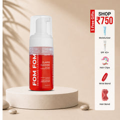 Red bottle of FOM Regal Algae Cleanser on a beige background with promotional text.