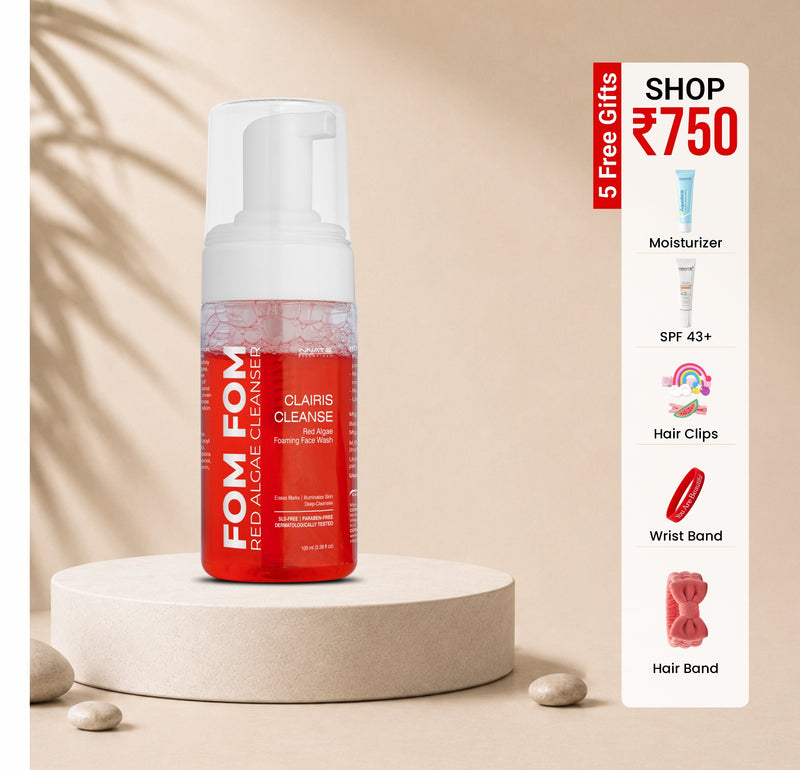 Red bottle of FOM Regal Algae Cleanser on a beige background with promotional text.