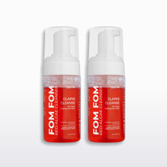 Two bottles of FOM FOM Red Algae Cleanser Clairis Cleanse foaming face wash, side by side on a clean white background.