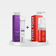 Cosmetic products including a purple box, white tube, and red bottle on a white background. Glow Fix Combo - Clairis Correct Bright Max 21 + Fom Fom Face Wash