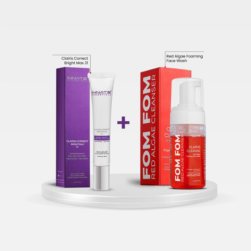 Cosmetic products including a purple box, white tube, and red bottle on a white background. Glow Fix Combo - Clairis Correct Bright Max 21 + Fom Fom Face Wash