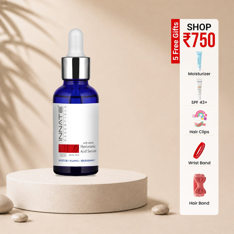 Blue serum bottle with dropper on a beige platform, accompanied by a promotional card with product images and text.