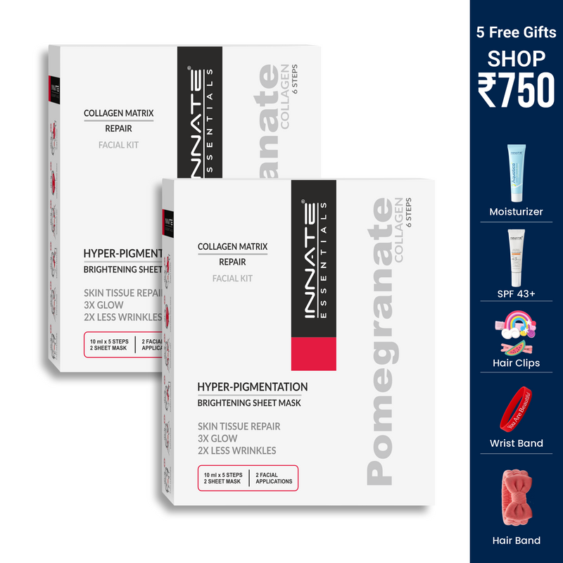 Two white Innate Essentials Collagen Matrix Repair and Brightening Sheet Mask boxes shown on a white background, with a dark blue promotional sidebar on the right offering 5 free gifts including moisturizer, SPF 43+, hair clips, wrist band, and hair band.