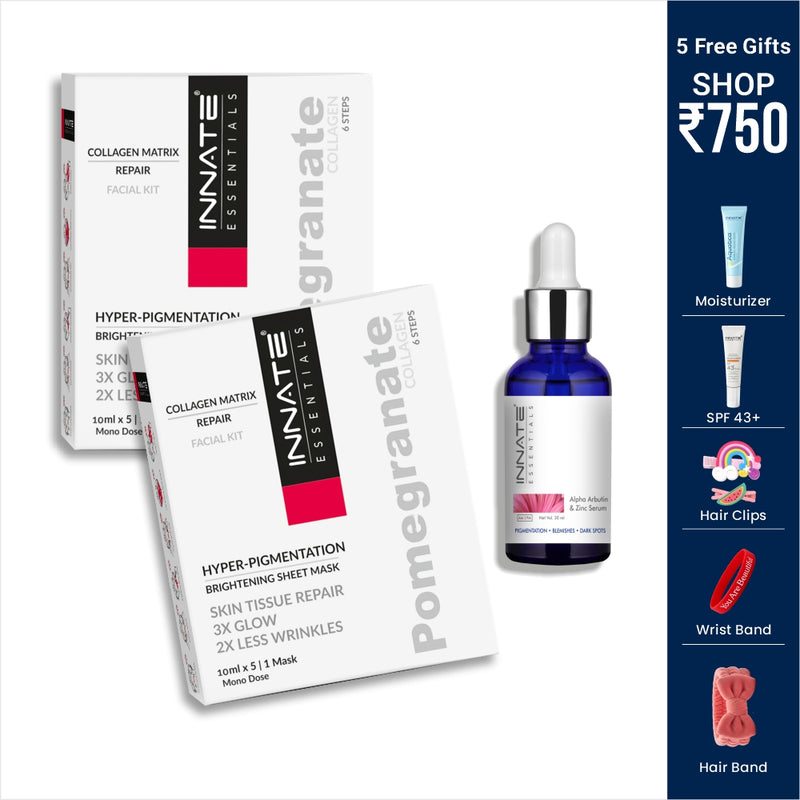 Cosmetic products including boxes and a dropper bottle on a beige platform with promotional text on the side.