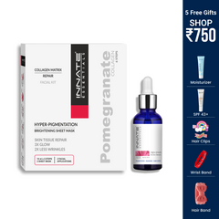 Innate Essentials Pomegranate Collagen + Glow Facial Kit showing the white and black product box alongside a blue glass dropper bottle with a silver cap. The image is set against a white background with a dark blue sidebar on the right advertising '5 Free Gifts' including moisturizer, SPF 43+, hair clips, wrist band, and hair sponge.