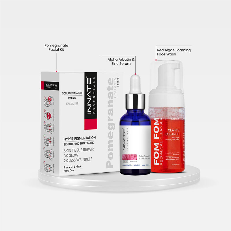 Innate Essentials skincare products including a box, serum, and cleanser on a white background, Hyperpigmentation Treatment Combo - Facial Kit + Serum + Foaming Face Wash