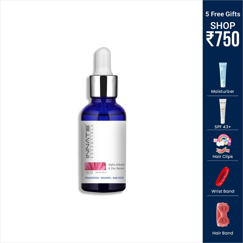 Innate Essentials skincare serum bottle with promotional text on a white background