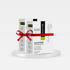 Animate Age Reverse facial kit with a red ribbon on a white background, Innate Avocado Rice Ceramide Facial Kit With Sheet Mask (Pack of 2) FOR AGE REVERSE, COLLAGEN BOOST AND KOREAN GLASS SKIN.