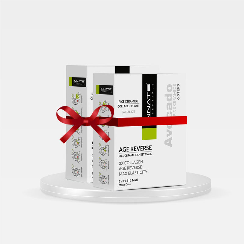 Animate Age Reverse facial kit with a red ribbon on a white background, Innate Avocado Rice Ceramide Facial Kit With Sheet Mask (Pack of 2) FOR AGE REVERSE, COLLAGEN BOOST AND KOREAN GLASS SKIN.
