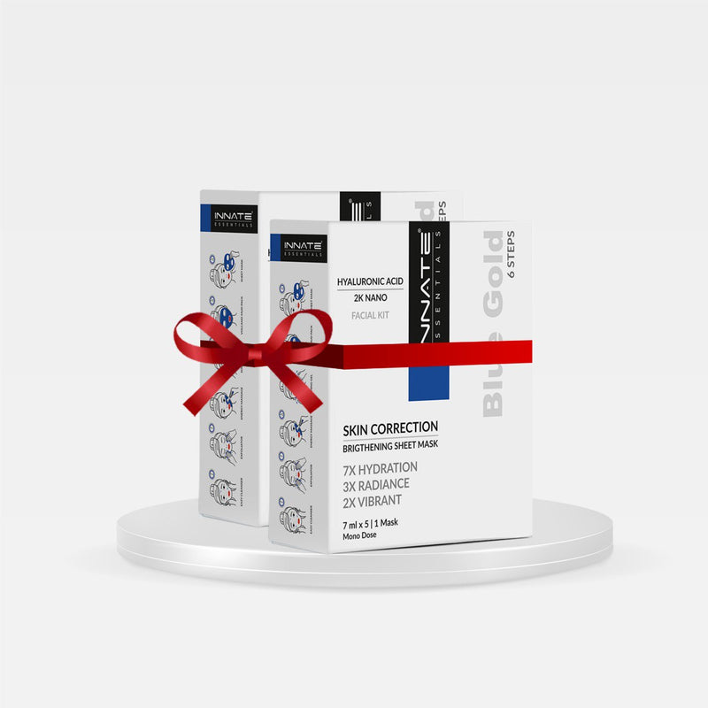 Innate Skincare products with a red ribbon on a white background, Innate Blue Gold Hyaluronic Acid Facial Kit With Sheet Mask (Pack of 2)