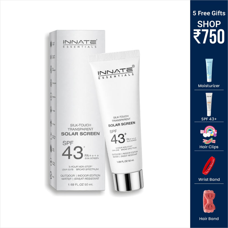 Innate Essentials sunscreen product with packaging and promotional details on a white background