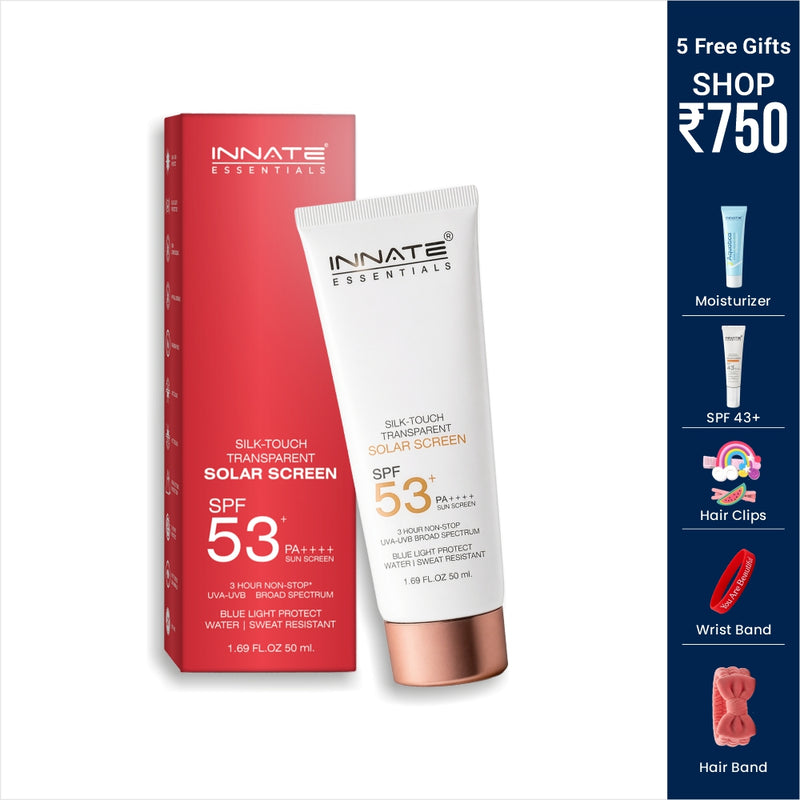 Innate Essentials sunscreen with packaging and free gifts on a white background