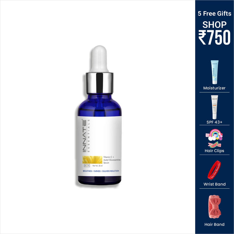 Innate Essentials skincare dropper bottle with promotional panel on the right.