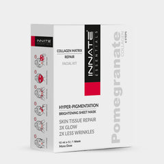Pomegranate collagen facial kit with sheet mask also known as hyperpigmentation facial kit with sheet mask,  a skincare product packaging with a red ribbon on a white background.. worked well on melasma, pigmentation, blemishes and dark spots.