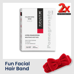 A boxed facial mask kit labeled Innate Essentials Pomegranate Hyper-Pigmentation Brightening Sheet Mask, shown on a white background with a red bow-shaped hair band and a red '2x Same Price Double Facial' badge. Text at the bottom reads 'Fun Facial Hair Band.