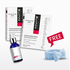 Innate Essentials Collagen Matrix Repair Facial Kit shown with two white product boxes, a blue dropper bottle, a light blue bow headband, and a red 'FREE' promotional badge on a light gray background.